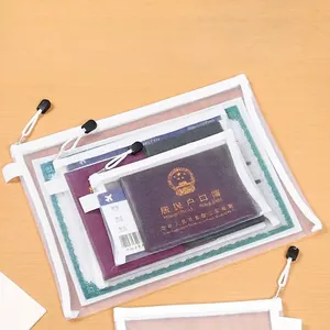 Set of 3 white transparent mesh zipper bags in A4, A5, and A6 sizes for travel documents.