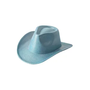 Fashionable shiny light blue metallic cowboy hat for women, ideal for parties and travel