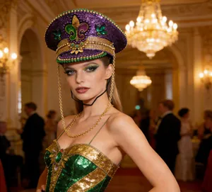 Luxuriöser Mardi Gras Paillettenhut mit Lilie und Goldkette in der Detailansicht