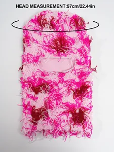 Detailed view of distressed shaggy pink camo knit balaclava with 57cm head size.