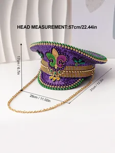 Detailansicht des lila Karneval-Paillettenhuts mit Fleur-de-Lis und genauen Größenangaben