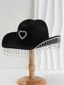 Elegant black cowboy hat featuring crystal fringe tassels and rhinestone heart detail