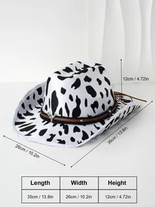 Detailed dimensions of cow print cowboy hat showing length, width and height in cm and inches.