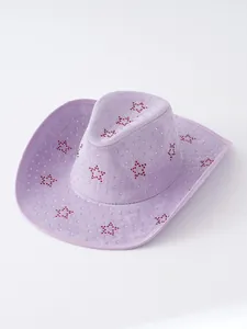 Cappello da cowboy Y2K in pelle scamosciata lavanda con decorazioni in strass