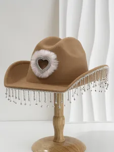 Brown western cowboy hat with rhinestone heart and sparkling fringe tassels for party wear