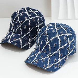 Gorra de Béisbol Envejecida con Diamantes de Imitación y Remaches para Mujer Hombre Look Denim Retro Patrón Cuadrícula Sombrero Trucker