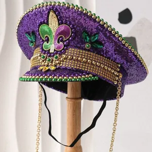 Mardi Gras Lila Pailletten Kapitän Mütze Mit Fleur De Lis Strass Grün Gold Perlen Bühne Party Militär Hut Unisex