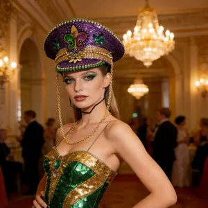 Luxuriöser Mardi Gras Karneval Paillettenhut mit Lilienemblem und goldener Kette Kopfschmuck