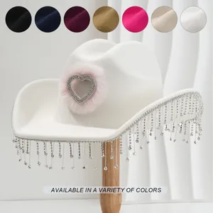 Western Cowboy Hat For Women Rhinestone Heart Tassel Feather Bride Top Hat Polyester Woven Carnival Wedding Stage Party Hat