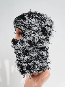 Distressed black and white distressed knitted balaclava mask for winter sports and skiing