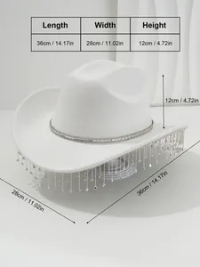 Detailed dimensions of white luxury cowboy hat with long sparkling rhinestone tassels