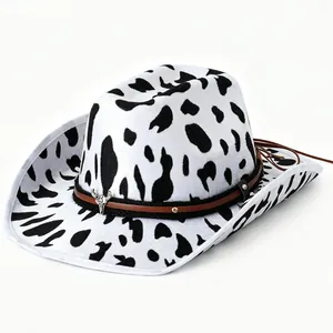 Western Cowboy Hat For Women Men Black White Cow Print Cowboy Hat With Metal Cow Head Decorative Leather Strap Wide Brim Party Hat
