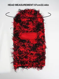 Distressed red and black knitted balaclava ski mask showing 57cm head circumference