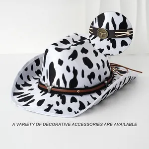 Stylish cow print cowboy hat with bull head decorative band for parties and outdoors