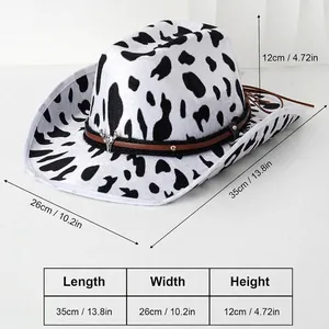 Cow print cowboy hat with bull head ornament including length width and height details