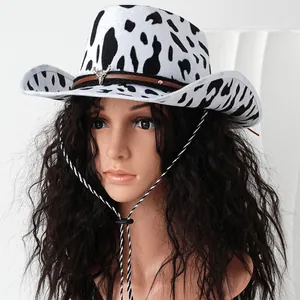 Stylish cow print cowboy hat with bull head ornament for parties and outdoor travel.
