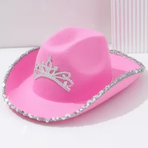 Damen Rosa Western Cowboy Hut Mit Strass Krone Tiara Silber Paillettenbesatz Performance Jazz Hut Fedora