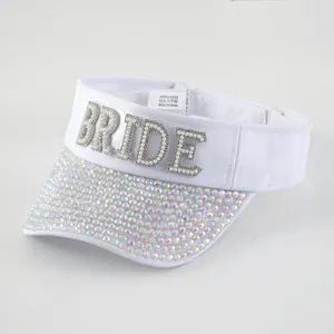 Weißer Braut-Sonnenvisier-Hut mit BRIDE-Perlenbuchstaben und Strass-Krempe für Partys