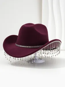 Luxury wine red hat featuring sparkling rhinestone band and long fringe tassels
