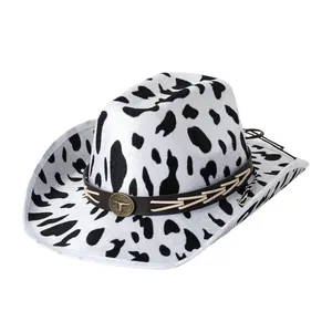 Stylish black and white cow print cowboy hat with vintage bull head emblem for party events