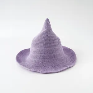 Purple knitted pointed witch hat for Halloween costume, foldable and stylish accessory.