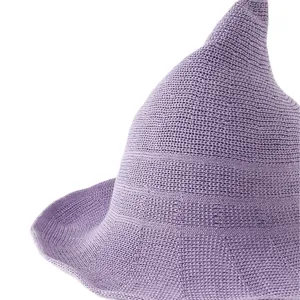 Close-up of a high-quality purple knitted pointed witch hat for Halloween costumes.