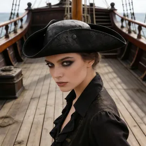 Chapeau de pirate tricorne noir en similicuir vieilli pour cosplay et fête sur un navire