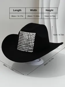 Detailed dimensions of the black Western cowboy hat with large 3D silver rivet studs
