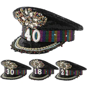 Cappello da Capitano di Lusso Y2K con Strass per Donna Uomo Perla Numero 18 21 30 40 Compleanno Festa Scena Militare