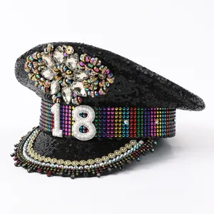 Cappello da capitano Y2K con paillettes nere gemme e numero 18 di perle per feste