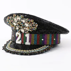 Cappello da capitano Y2K con strass arcobaleno e numero 21 in perle per compleanni
