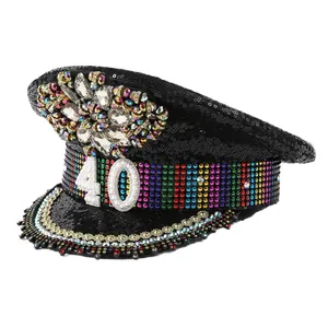 Cappello da palcoscenico Y2K con paillettes strass e numero 40 di perle per compleanni
