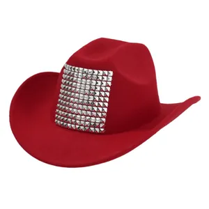 Unisex red Western cowboy hat with large silver pyramid studs for parties and stage.