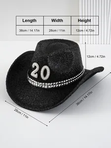 Detailansicht der Maße für schwarzen Y2K Glitzer Cowboyhut mit Perle 20 und Nieten