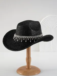 Elegant black textured cowboy hat with sparkling rhinestones and delicate pearl pendants