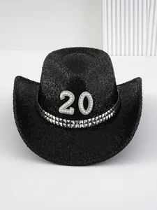 Detailansicht eines schwarzen Pailletten-Cowboyhuts mit Perlen-20 und Silbernieten
