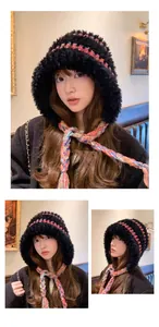 Thick warm plush earflap hat with colorful knitted braided ties shown in multiple views