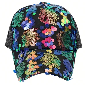 Y2K Retro Colorful Sequin Baseball Cap For Women Fashion Glitter Mesh Trucker Hat For Party Stage Performance Show Prop
