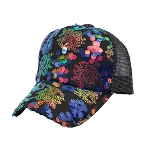 Sparkly Y2K retro baseball cap featuring colorful sequins and a breathable black mesh back