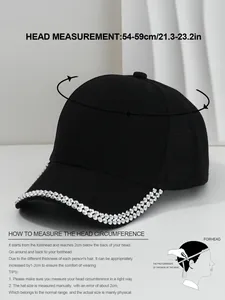 Size measurement guide and head circumference diagram for black rhinestone baseball cap