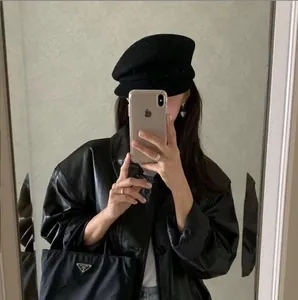 Women's black wool newsboy cap French style peaked hat for autumn and winter outfits