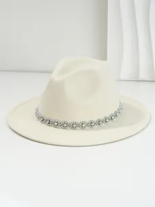 Cream felt fedora hat with Bohemian crystal eye-patterned decorative band detail
