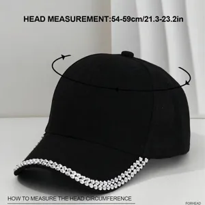 Black vintage baseball cap with silver rhinestone rivets on curved brim, head size 54-59cm