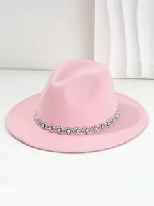 Pink Bohemian fedora hat with elegant rhinestone eye-shaped decorative band for parties