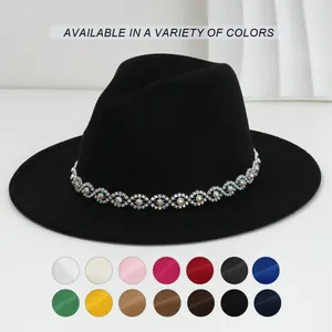 Unisex Bohemian Fedora Hat Wide Brim Polyester Felt Hat With Rhinestone Eye Band Retro Party Dress Jazz Hat For Women Men