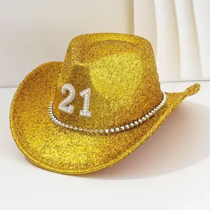 Cappello da cowboy glitterato oro con numero perla 21 per festival musicali e feste