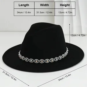 Black felt fedora hat with bohemian rhinestone band and product size measurements