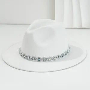 White felt fedora hat featuring bohemian rhinestone eye embellishments for party wear