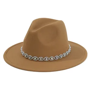 Bohemian style khaki felt fedora hat with crystal eye-shaped gemstone band for parties.