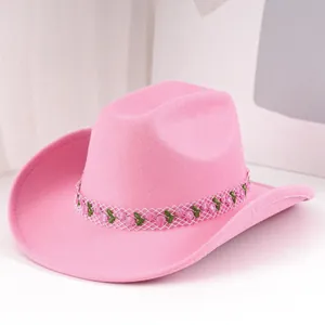 Vintage Filz Cowboyhut Für Damen Mit Rosenstickerei Netzband Western Filzhut Süßes Rosa Party Zubehör Valentinstag Geschenk